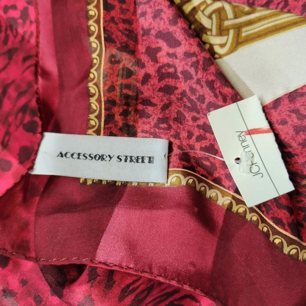 Accessory Street Vintage Silk Red and Gold Patterned Leopard Animal Square Scarf